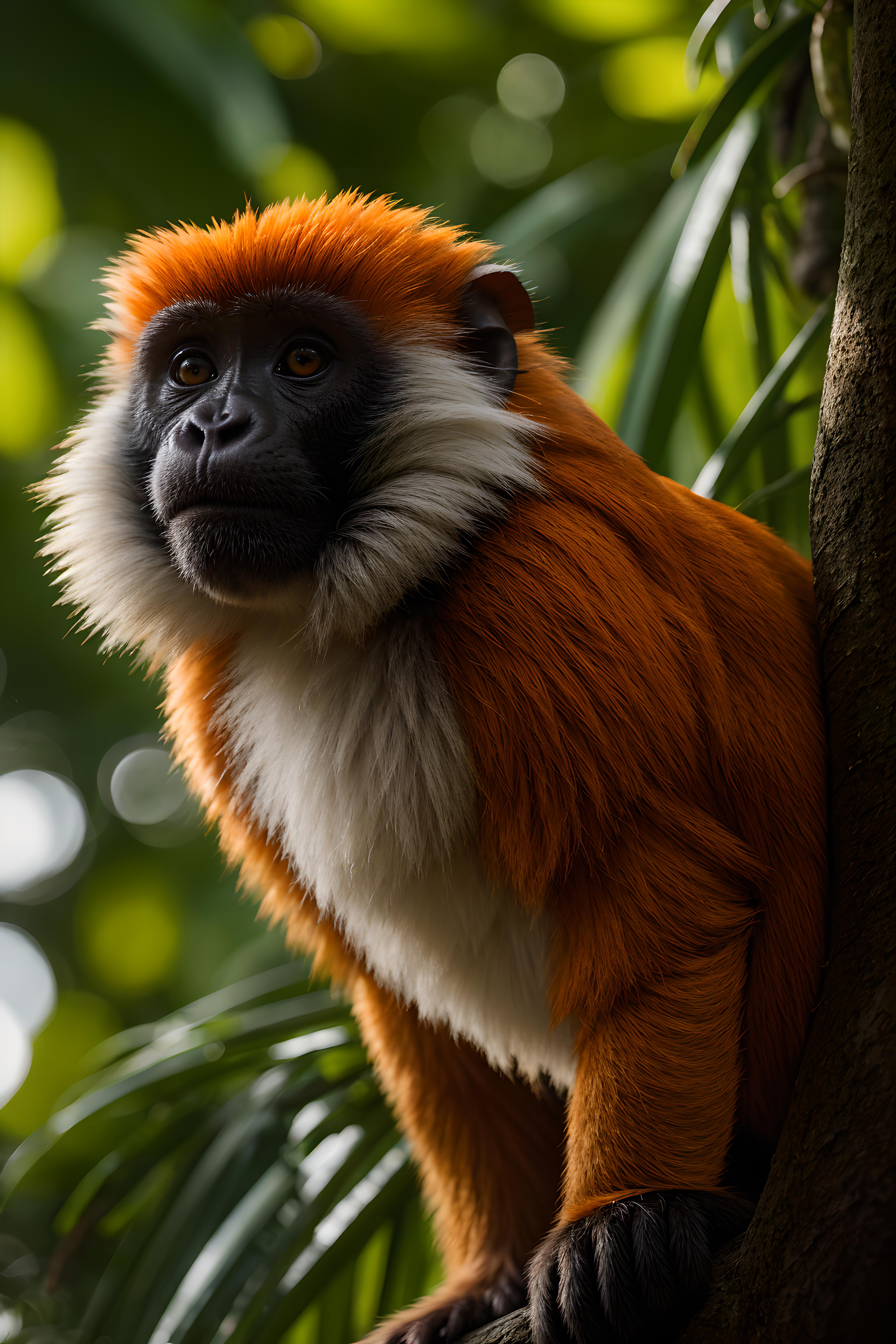 A red and white monkey with a big nose and large black eyes sitting in a tree.