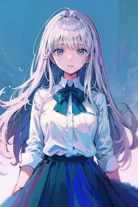 blue theme,Ultramarine, 1girl,white hair, solo, looking at viewer, shirt, white long hair, collared shirt, white shirt, skirt, bangs <lora:Ultramarine2-noise-loha-16:1>