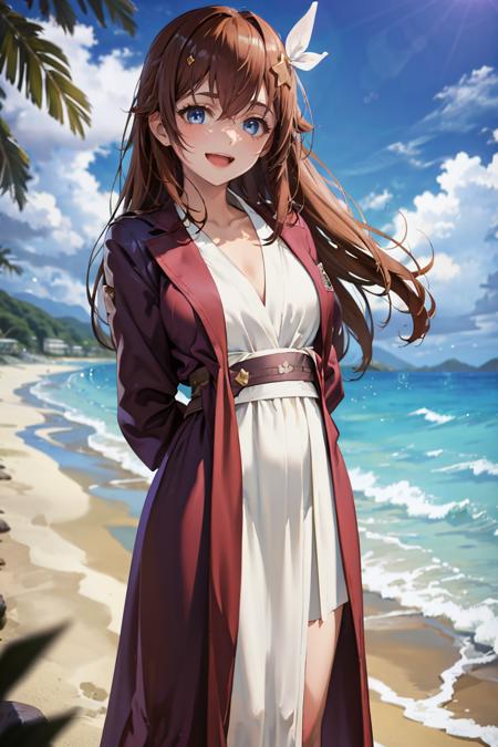 masterpiece, best quality, absurdres, 1girl, solo, JediOutfit, robe, belt, boots, TokinoSora, long hair, star hair ornament, blue eyes, arms behind back, outdoors, beach scene, smile, :d, <lora:JediOutfit:1>,  <lora:TokinoSora:0.8>