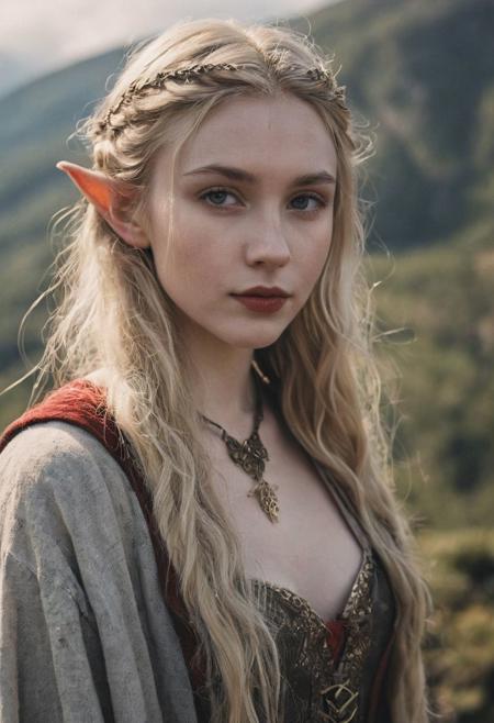 instagram photo, portrait photo of 18 y.o sorceress Emily standing on mountain, (cleavage:0.8), pale skin, (smile:0.4), cozy, natural skin, soft lighting, (cinematic, film grain:1.1), dirty blonde, red lipstick, (skin imperfections:1.2), elven, elf ears, Lord of the rings