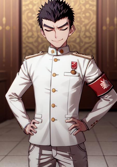 masterpiece, best quality, <lora:IshimaruB2-16:0.7>, 1boy, thick eyebrows, red eyes, very short hair, white jacket, white_pants, long sleeves, armband, hands on hips, smile, closed eyes, (ishimaru kiyotaka:0.9),