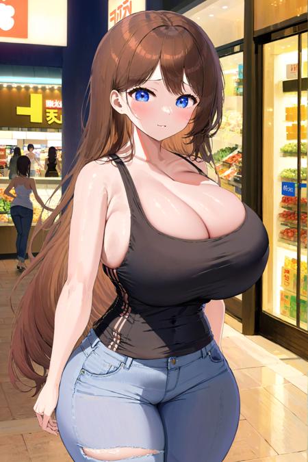 masterpiece, best quality, anime,8k,(gigantic_breasts:1.2) detailed, lots of details, solo girl,alone,solo, (blush:1.2), mature woman with (blue eyes:1.2) and brown hair wearing detailed ((black:1.2) tank top:1.2) and jeans has a slim waist, standing outdoors in front of a mall, happy, close up shot, brown hair, absurdly long hair, slim waist, small waist, mature girl, mature woman, older woman, older girl, nicorima, fully clothed, thick thighs, wide hips, (front facing, facing front, facing forward)