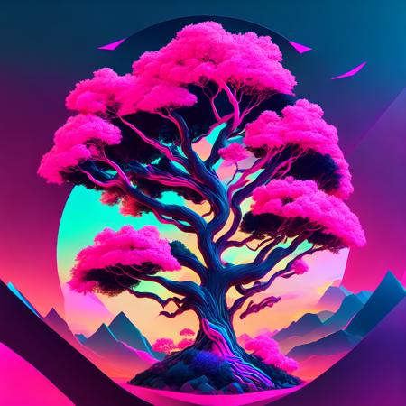 (neontreehouse style:1) a stylized image of a tree with a pink sky in the background <lora:djzNeonTreehouseV21_LoraBooth:1>