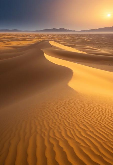 score_9, score_8_up, score_7_up, score_6_up,
A vast, alien desert landscape with towering, smooth sand dunes stretching endlessly under a soft golden-orange sky. The dunes are graceful, their curves shaped by the wind, and the horizon feels boundless. Far in the background, a massive planet looms large, its cratered surface visible even from a distance, casting an otherworldly light over the scene. The dunes rise and fall like frozen waves, adding depth and motion to the serene environment. Atop one of the tallest dunes, in the center, about 300 meters from the camera, a lone cloaked figure stands still, their silhouette  stark against the sky. The figure, though small in scale, draws attention amidst the grandeur of the landscape, emphasizing the vastness and isolation of this mysterious world. Yellowish color grading, cinematic lighting, 4k, ultra detailed,