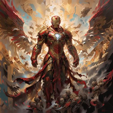 A fully armored Iron Man, depicted in an oil painting, adopts the guise of a celestial warrior, floating above a vast array of skulls. Clad in angelic armor, which merges high-tech design with divine motifs, he radiates a fierce, righteous anger. The suit, while maintaining the classic Iron Man silhouette, is embellished with wing-like structures and sacred symbols, glowing with an otherworldly light. His expression, visible through the suit's visor, is one of intense determination and fury, a stark contrast to the eerie calm of the skulls below. This fusion of modern heroism and ancient symbolism creates a striking, powerful image <lora:godoil:0.75>, <lora:herocoolstyle:0.6>