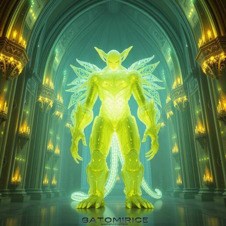 Masterpiece 5 protozoa/humanoid, bioluminescence translucent  body, with no ears and no nose, 32k, 16k, 8k, masterpiece, cinematic art, Kaiju bioluminescence translucent armor, standing inside a bioluminescence translucent cathedral,