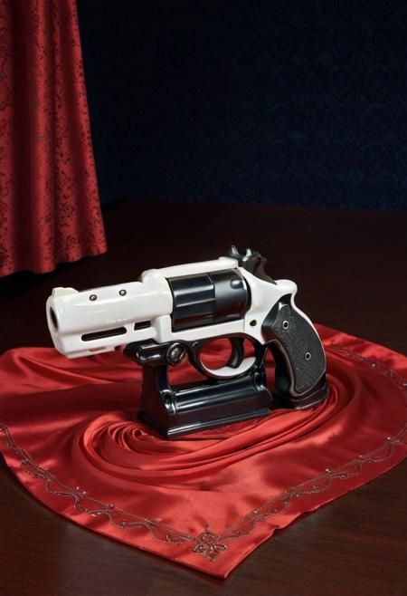 score_9, score_8_up, score_7_up, score_6_up, cartoon, ,CreepyCuteMagical , 
ceramic revolver, laying on red silk dress, 
victorian bedroom background,
, dark theme,