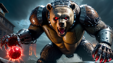(foreshortening:1.3), from below, attacking pose, fearsome and vengeful cyber-crippled bear is doing it's last punch trying to avenge himself to dr. Frankenstein, half-cybernetic head, one red glowing eye, gore, (angry roar:1.1), dark theme, moody, twilight time light, BREAK, ultra-wide shot, RAW, 8k, VISION3 500T Film, hyper realistic, ultra-detailed, by john Wilhelm, <lora:WowifierXL-V2:0.7> art by mooncryptowow, <lora:!action-sdxl-V0.5:0.75> zdyna_pose <lora:Victoria_Frances_v2_XL:0.75>