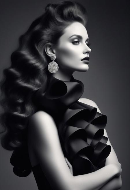 Avant-garde Fashion page, A black and white photograph of a beautiful woman with long, wavy hair standing in profile. She is posing with her arms crossed over her chest, and she is wearing prominent, stylish earrings. The image has a high contrast with soft lighting that casts gentle shadows, highlighting her form and features. The background is plain and unobtrusive, focusing attention entirely on the subject. The mood of the image is elegant and artistic