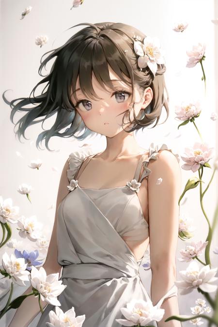 absurdres, highres, (extremely detailed fine touch:1.3), (blurry background:1.3), (white background:1.3), (oil:1.3), (watercolor:1.1) , ///, girl, white short hair, white dress, light tone, delicate expression, pale tones, delicate expressions, (blurring:1.3), (upper body:1.3), (glazing:1.3), (falling petals:1.3), wind, blush