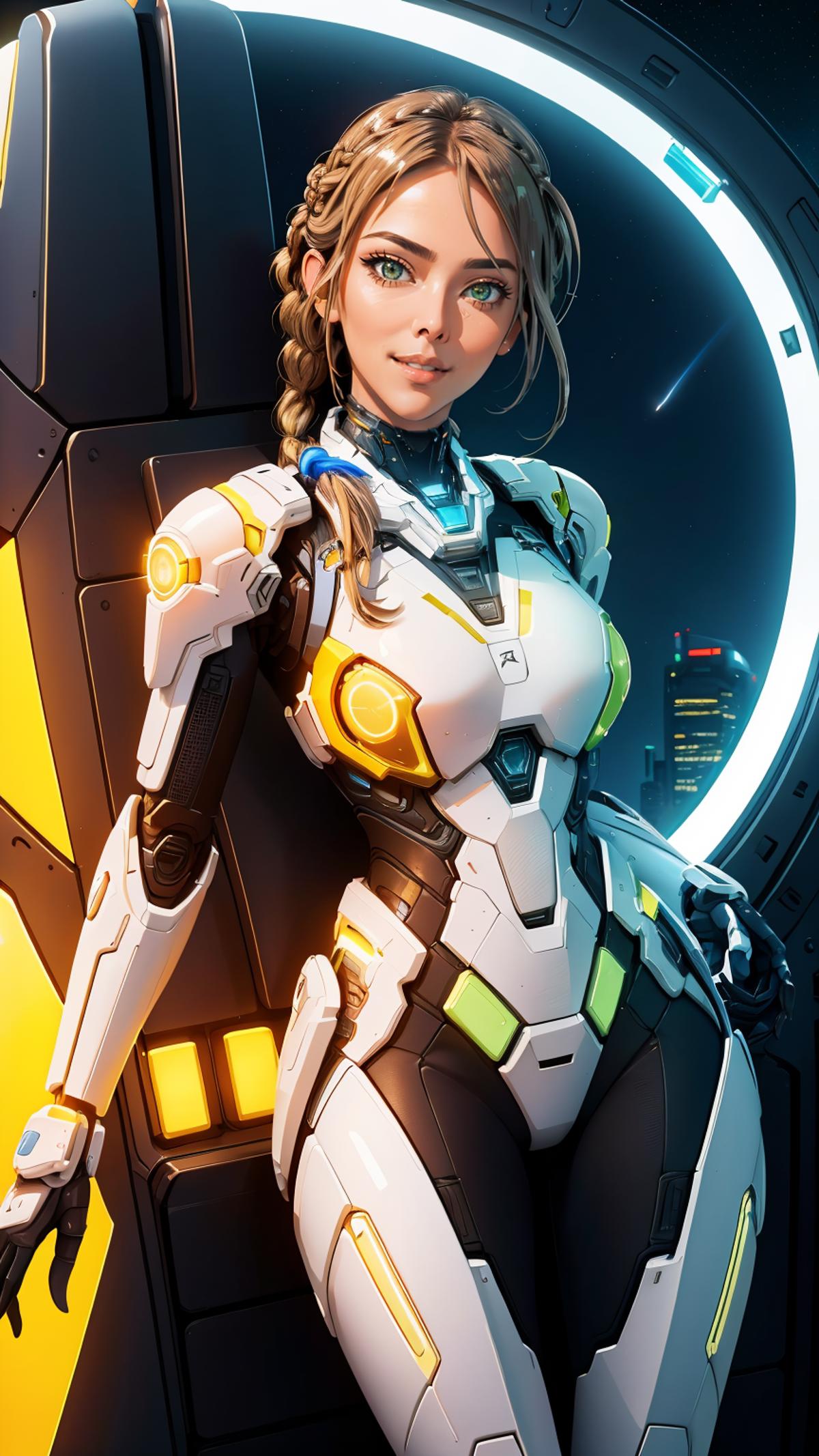A 3D-rendered female character wearing a tight white and green suit.