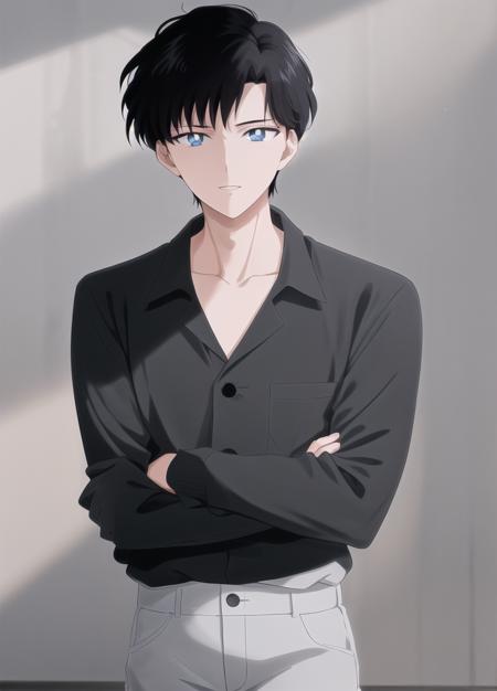 1boy, solo focus, male focus, black hair, blue eyes, looking at viewer, upper body,  <lora:chiba_mamoru_eternal:0.7>