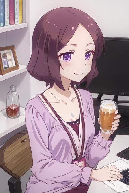 best quality, masterpiece, highres, solo, {tooyama_rin_newgame:1.15}, short_hair, brown_hair, purple_eyes, blush, purple_hair, smile, 1girl, closed_eyes, cup, holding, drinking, upper_body, anime_coloring, collarbone, alcohol