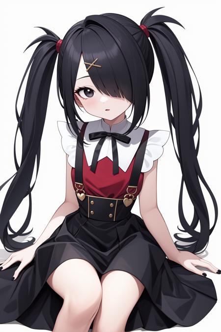 <lora:è¶å¤©é»:0.8:lbw=char>,chaotian2,twintails,black hair,hair ornament,hair over one eye,x hair ornament,ribbon,suspenders,shirt,black ribbon,skirt,bangs,suspender skirt,neck ribbon,hairclip,black skirt,black eyes,red shirt,black nails,, 1girl,
,  (masterpiece,best quality:1.2),absurdres