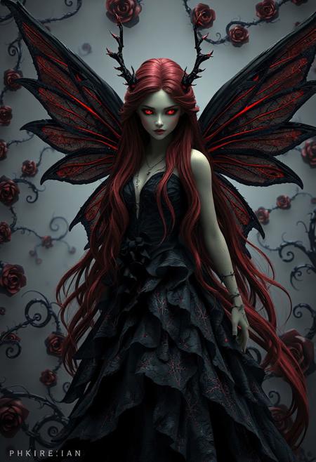 A photorealistic 3D artwork of a stunning fairy with a crimson and black theme inspired by black roses and dark magic. Her long, flowing hair, a deep, rich crimson, cascades down her back like rivulets of blood. Her eyes, a piercing, glowing crimson, hold an intense, almost hypnotic gaze. Her wings, delicate yet powerful, are crafted from a shadowy, translucent black material, veined with crimson lines resembling the thorns of a rose. She is adorned in a gown of shimmering, layered black fabric, reminiscent of unfolding black rose petals, giving her a darkly elegant and regal presence. The scene is enveloped in swirling fractal patterns inspired by thorny vines and the spiraling centers of black roses, creating a dramatic and mysterious atmosphere. The overall composition is rich in contrast and texture, with a gothic, almost surreal quality that brings the fairy and her surroundings to life in a dramatic interplay of crimson and black