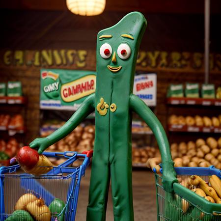 n angry gumby at the grocery store pushing a shopping cart past some bananas withLora(n47-gumby-v1,0.45) withLora(_add_detail,0.75)