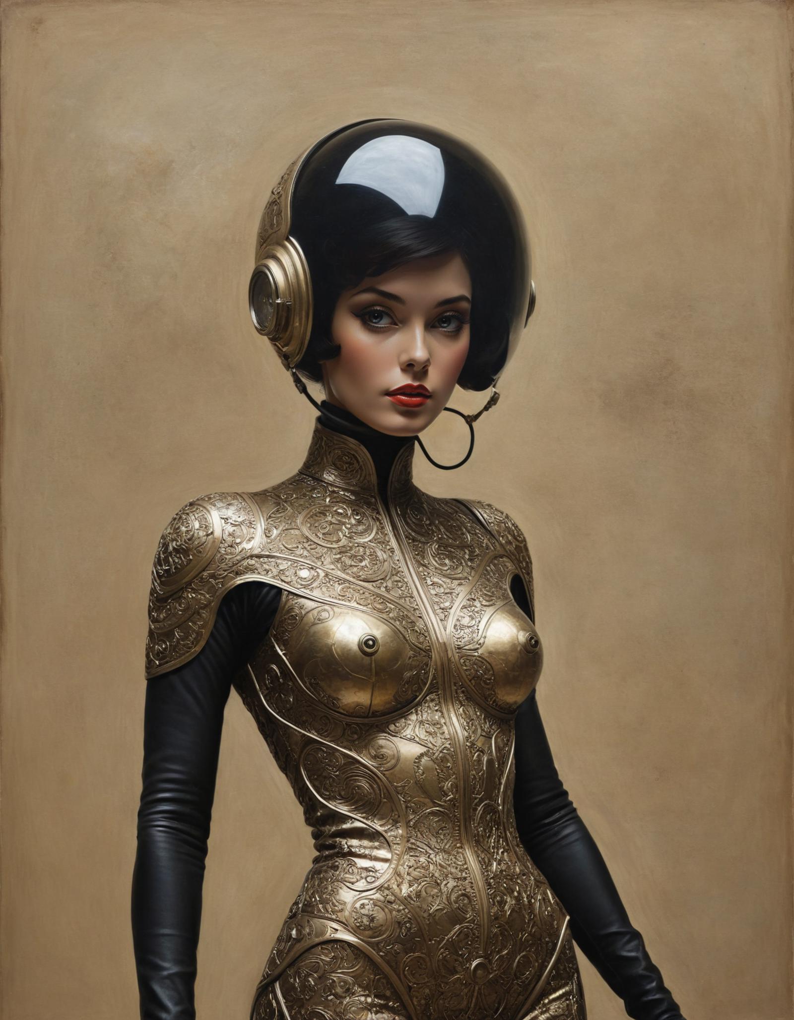 A painting of a woman in a gold and black suit and gold headphones.