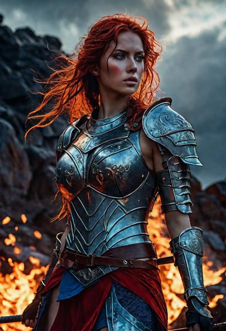 High resolution ultra-realistic of Beautiful Warrior girl, Fantasy style, 8k, capturing the intensity of the moment, dramatic lighting, standing on a bloody and stormy battlefield in a fighting pose, fire, intricately designed shining iron armor, red mini skirt, perfect athletic figure, beautiful Warrior girl, fire, dirty face, ultra realistic, cinematic style, athletic figure, Firm sinewy female body, dark fantasy, covered in dirty and blood, cinematic colors Lighting, extremely detailed, 8K, wavy red hair, realistic dirty bloody pale face, realistic blue eyes, beautiful Warrior girl on in cool iron armor, hyper-detailed, hyper-realistic, bright colours, Attractive 21 old years girl, Attractive, beautiful firm Breasts, sharp focus, digital painting, Photograph Taken on Nikon D750, Alphonse Mucha, 8K, athletic figure, Hyperdetailed, hyperrealism, Attractive, Attractive bust girl, asymmetric balance