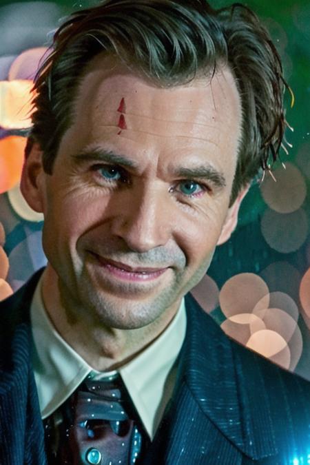 close up of a crooked detective <lora:ralphFiennes:1> in the rain with a malicious smile, midnight in the city, RAW, 8K, UHD