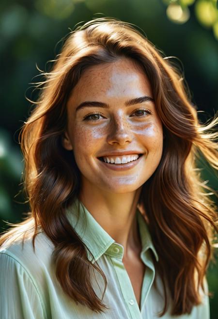 Frontal view, upper body view, Hyper-realistic photo, lifelike texture, grainy, cinematic, 4k, quality, detailed, impressive, wildlife animal shot, 
Imagine a young woman with a radiant smile that lights up her face. She has long, flowing hair that cascades in soft waves, reflecting a warm chestnut hue. Her eyes are bright and expressive, a captivating shade of green that sparkles with kindness and curiosity. She has a natural, glowing complexion and a subtle hint of freckles across her cheeks. 
Dressed in a stylish yet comfortable outfit, she embodies a perfect blend of elegance and approachability. A light, airy blouse paired with tailored jeans showcases her effortless sense of fashion. The background is a serene outdoor setting, perhaps a sunlit garden filled with blooming flowers, which enhances her vibrant personality. Overall, the portrait captures not just her beauty but also her warmth and confidence