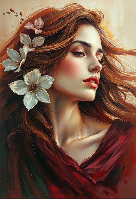 An enchanting portrait of a goddess-like woman, her hair flowing like silk in a soft breeze, adorned with delicate floral accents. The painting captures a romantic atmosphere with warm rose gold, deep burgundy, and rich emerald greens. A dreamy and expressive painterly style inspired by Agnes Cecile and Marco Grassi.