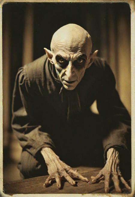 highly detailed and hyper realistic dynamic 35mm photo of Nosferatu, shot on polaroid film, cinematic still frame, film grain, shallow depth of field, creepy, crouched, faded colors, vintage, motion blur, high contrast, deep shadows, highly detailed and hyper realistic