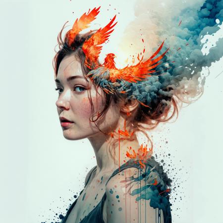 burning phoenix, wonderful artistic watercolor painting by Brandon Kidwell, Andreas Lie, Dan Mountford, Dan Hillier, Conrad Roset, Erik Johansson, Yoshitaka Amano, Agnes Cecile,James Jean, intricate, mesmerizing, cinematic lighting, highly detailed, smooth, sharp focus, perfect balanced style, vivid ink, amazing depth, complementary colors, whimsical, double exposure, depth of field, split image  <lora:Double Exposure XL0.7>  <lora:Double_Exposure:0.7>