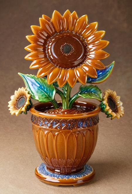 best quality, masterpiece, high resolution, intricate detailed,
brown sunflower made of caramel, caramel sauce,
A beautifully crafted colorful ceramic and porcelain figurine of a flower pot, 
iridescent, translucent sculpture, surreal,
cozy background, celestial,