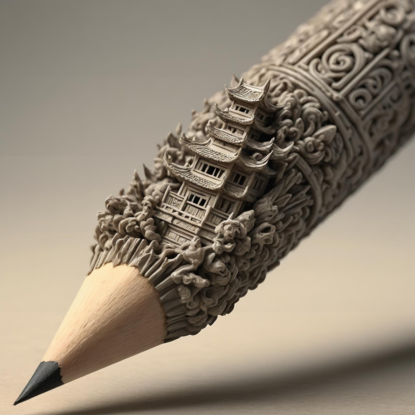 A pencil with a carved wooden design on it.