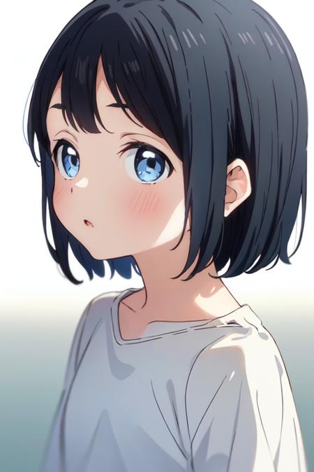 masterpiece, highres, 1girl, little girl, blue eyes, short hair, black hair,  <lora:KaoAkebiR4:0.7>, KaoAkebiR4, overhalls, (simple background), upper body, white background,