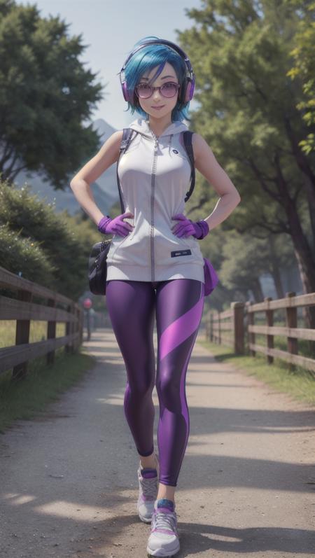 (masterpiece), (best quality:1.0), (ultra highres:1.0), 1girl, solo, gloves, blue hair, full body, shoes, glasses, fingerless gloves, hand on hip, headphones, purple leggings, sunglasses, sneakers, musical note, white minidress, zipper, purple eyes, medium_breasts, gorgeous view, sensual, standing, blushing, forest, park, grass, mountains, hands on hips, (upper body:1.5), subtle smile,  <lyco:DJPon3:0.6>