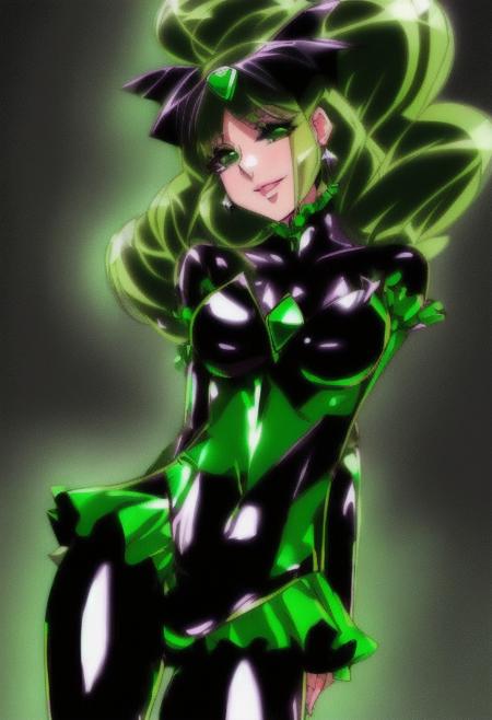 high quality, extremely detailed, perfect face,   <lora:BadEndPrecure:.9>, Bad End Precure, ((black and green frilly bodysuit)), black winged headband, glossy latex