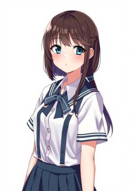 eva school unifrom, 1girl,Emily Willis, solo, tokyo-3 middle school uniform,  shirt, short sleeves, suspender skirt, neck ribbon,, ultra detailed, masterpiece, best quality, aesthetic, detailed,