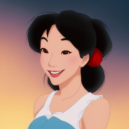 disney style, asian woman, bun hairstyle, smiling at camera, short black hair, cheek make-up, night sky, portrait, blue dress<lora:DisneyRen:1>