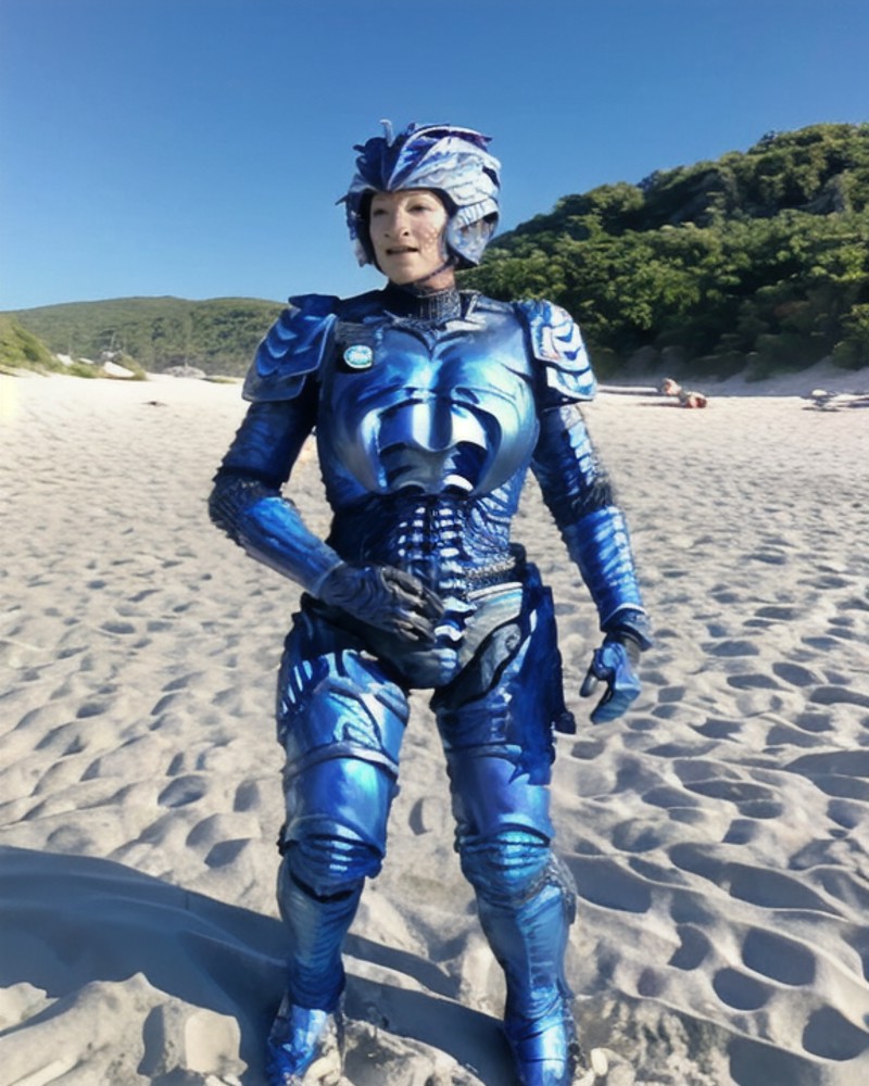 <lora:hirogen_lora:0.8> hirogen, female, alien woman, leathery bumpy skin, wearing eyeshadow, blue metal sci-fi armor suit...