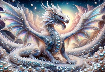 Concept: Pearlum, dragon, fantasy, opalescence, splendor, imagination, creature, divine, texture, magic.
Core Elements: dragon figure, shimmering scales, opalescent glow, ethereal wings, jewel-like eyes, fantastical landscape.
Atmosphere/Mood: majestic, divine, mystical, serene, awe-inspiring, ethereal, vibrant.
Setting Details: a magnificent dragon, its form shimmering with opalescent light, soaring gracefully through a celestial, pearl-infused landscape. No human presence.
Central Figure Details: dragon. Its scales, not just shiny, but alive with shifting opalescent colors, like liquid pearls. Wings, translucent, ethereal, catching and refracting light. Eyes, large, jewel-like, glowing with inner fire. Body, sleek, powerful, exuding ancient wisdom. Embodies splendor, imagination, magical opalescence, revolutionizing texture.
Lighting: soft, ethereal light, reflecting off opalescent surfaces. Shimmering glows. Emphasizes shifting colors, divine presence.
Composition: landscape, dynamic pose, central focus on the dragon. Background: celestial sky, pearl-infused clouds/mountains.
Color Palette: dominant iridescent whites, creams, soft blues, pinks, purples from opalescence. Accents of deep golds, silvers. Luminous glows. Ethereal, harmonious, fantastical.
Quality: Pearlum, photorealistic, ultra detailed, magical realism, enchanting atmosphere, visually striking, hyperrealistic, fantasy, dragon.