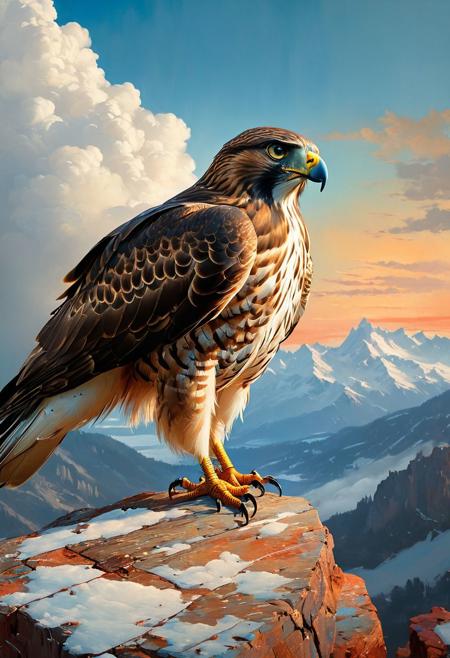 (A hawk the mountains) (ingenious opus magnum by Michael Vincent Manalo and Elvira Vigna:1.2), (saturated colors oil painting:0.1), high key with glistening light, cosmic anddireful and dramatic atmosphere, (zestful quinacridone nickel azo gold and electricblue color swatch:0.1), raw details, crisp details, bokeh lights, <lora:xl_more_art-full_v1:0.6> ,analog photo, full body,, tall height, against the rise in the background, , , epic clouds, (oil on canvas:0.2), , art by Jeremy Mann, god rays, dramatic light,    ,  (art by Eduard Wilhelm Pose and Master of the Holy Blood and Ivan Bilibin:1.1), (oxygen-rich air and sheltered atmosphere,, aesthetic of hard - edge painting:0.1), symmetry and balance, pioneering unparalleled masterwork with superior details, <lora:MJ52:0.90> <lora:xl_more_art-full_v1:0.4> <lora:RMSDXL_Creative:1>,(skin texture),masterpiece, top quality, best quality, official art,highest detailed,,atmospheric lighting, cinematic composition,complex multiple subjects, 4k HDRvaporwave style , , cyberpunk, vibrant, neon colors, , highly detailed,,,Leica Q2 with Summilux 35mm f/1.2 ASPH, ,clear face, Ultra High Resolution, wallpaper, 8K,Rich texture details, hyper detailed, detailed eyes, detailed background, dramatic angle,