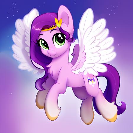 <lora:PippPetals:0.9>, Pipp Petals, wings spread, gilded hooves, pale pink wings, pale pink and white feathered wings