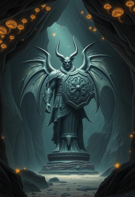 The space inside this cave is almost entirely occupied by a A massive obsidian statue represents a heroic-looking being that has giant bat-like wings and long straight horns growing from it's head that stands on a high cylindrical base holding a large shield that is adorned with the symbols for goodness and justice furthermore upon close inspection the figure's armor is heavily damaged as if from a battle it barely survived and amazingly the statue seems to be part of the cave itself is if the cave was carved around it now filled with luminescent fungi grow in scattered patches on the ceiling, casting eerie shadows about the area.