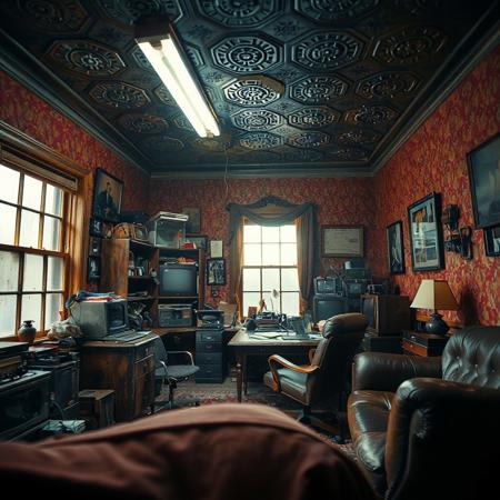 (ANTIQUE, NOSTALGIC, VINTAGE, RETRO THEMED DECOR), (Captured with a Hasselblad wide-format camera with a 85mm Zeiss lens at f/1.8), Sharp Focus. (Dynamic Random Angled Shot), (Layered Foreground), (Fluorescent Lighting) with (Stark Contrasting Shadows), (cluttered detailed home office), [Smoke-Stained Windows], Retro Desk, (weathered leather desk chair, retro sofa), hoarder's paradise, hoarded vintage technology all over, (richly painted bright textured walls, dark embossed ceiling), (Creative Light Source), [Extremely Subtle Glowing Light], ZOOM-OUT,