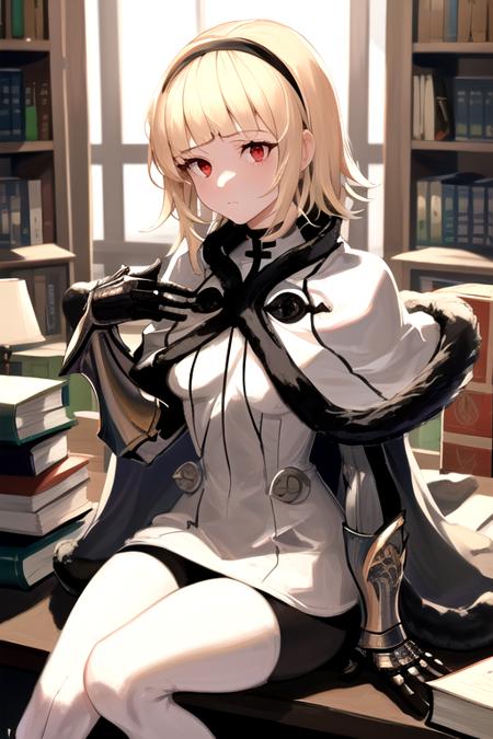 illustration, sketch, (absurdres), (detailed face), 1girl, oneDOD3, red eyes, black hairband, capelet, fur trim, gauntlets, capelet, white thighhighs, blunt bangs, black pantyhose, sitting, library, book looking at book, tired, number tattoo, roman numeral <lora:oneDOD3v2:1>