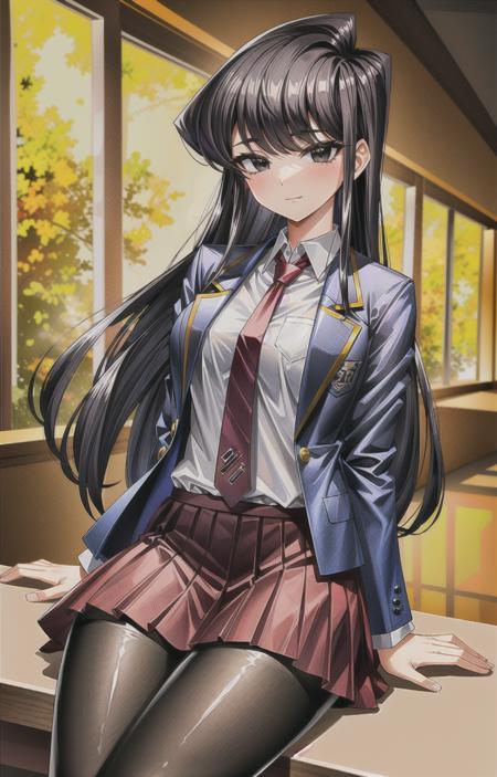 (masterpiece, top quality, best quality, official art, beautiful and aesthetic:1.4), (8k, best quality, masterpiece:1.4), (looking at the viewer, cowboy shot, sitting:1), 1girl, solo, Komi, (Black hair, long flowing hair, Black colored hair, bangs:1.2), (Black eyes, shining Black eyes:1.3), [smile, closed mouth:1.2], [medium breasts:1], (Komi School, school uniform, red necktie, pleated skirt, red skirt, blue jacket, blazer, white shirt, pantyhose, black pantyhose:1.4), (epic glow:1.4), <lora:more_details:.4>,  <lora:KomiLora:.7>