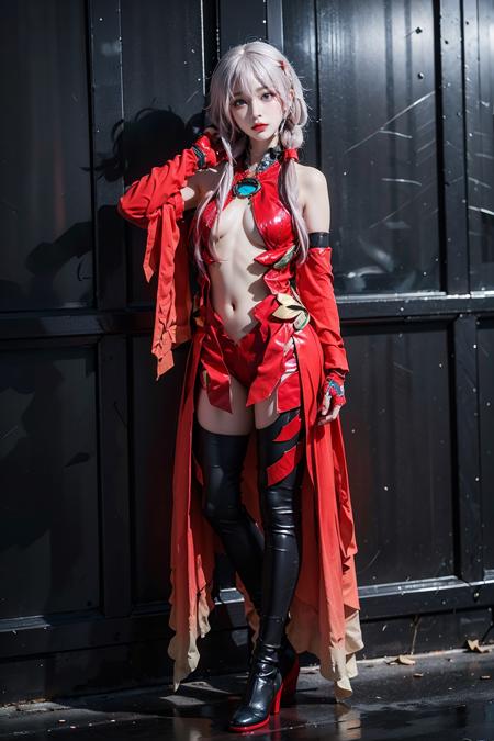 inori cosplay costume, cosplay, center opening, fingerless gloves, thighhighs, twintails, hair ornament