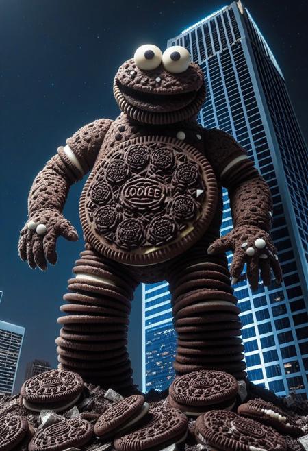 A gigantic Cookie Monster made of creamy cookies climbing a skyscraper at night, destruction, debris