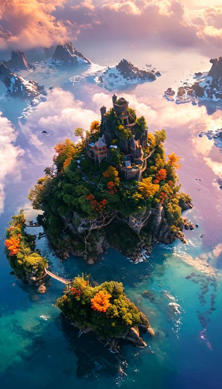 High above the clouds, a series of enchanted floating islands drift serenely in the sky. The islands are connected by delicate bridges made of crystal and woven vines, each one home to its own unique environment. One island is a tropical paradise, with golden beaches, vibrant coral reefs, and giant, multicolored flowers. Another is a frozen wonderland, with snow-capped peaks, sparkling ice caves, and glittering frozen waterfalls. On a third island, ancient ruins are hidden beneath dense canopies of mystical trees whose roots extend far below. The sky is painted with hues of orange and purple as the sun sets, casting a golden glow over the islands. Magical creatures, such as flying dolphins and radiant birds with shimmering feathers, soar between the islands, and in the distance, the silhouette of a floating castle can be seen, its towers reaching into the clouds.