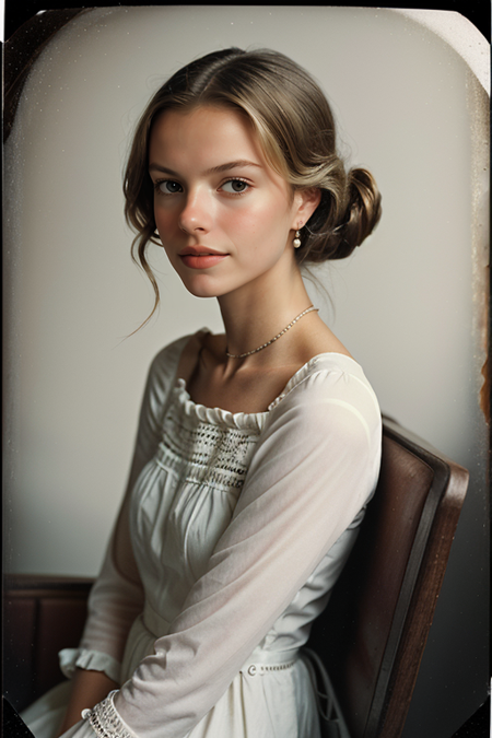 FloorBrinkman, ((1900s photograph, Gibson tuck, soft blush wearing cotton chemise with square neckline, ruffled cuffs, and delicate lace trim, antique setting)), Century Camera Co. Studio, 160mm f/8, 1/10s, ISO 25, ((tintype))