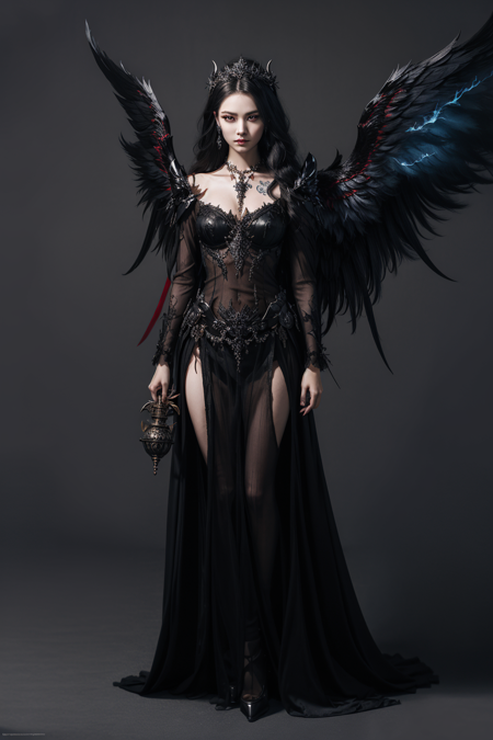 (extremely detailed CG unity 8k wallpaper,masterpiece, best quality, ultra-detailed, beautiful detailed eyes:1.2),best illumination, (best shadow, an extremely delicate and beautiful, bloom),
dark angel,
1gril,solo,red eyes,Heavy armor,long hair,holding sword,black wings,red jewelry,(big wings:1.4),Film filter,Satan, Hellfire,full body,demon,flame,Tattoo,lucifer
 <lora:DarkAngelTileStyle:1.5>