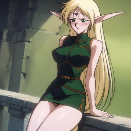 castle interior, retro artstyle, 1990s \(style\), anime screencap, masterpiece, best quality, deedlit, 1girl, blush, female elf, pointy ears, blonde hair, very long hair, green eyes, medium breasts, sleeveless, green dress, short dress, highly detailed, <lora:DeedlitLoRA2-10:1>