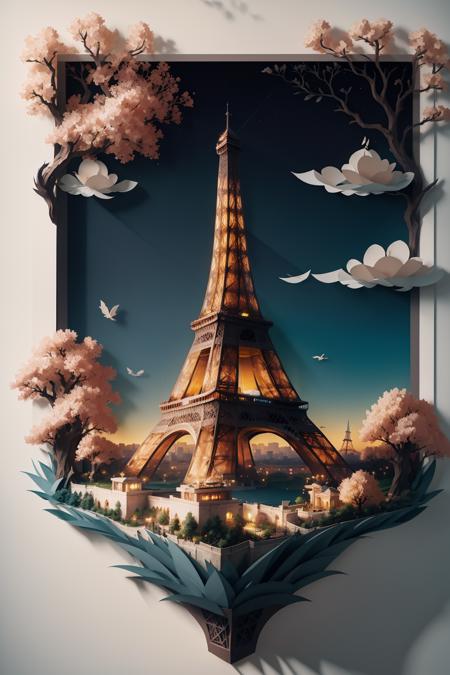 ((best quality)), (ultra high res), absurdres, high detailed, ((paper cut art)), eiffel tower, flower, tree, branch, decorative, no humans, 8k, masterpiece, <lora:papper:0.77>