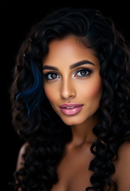 A highly detailed studio glamour headshot portrait of a gorgeous female Brazilian model with long curly black hair, beautiful brown eyes, tan skin, and full lips against a black background. Clam shell lighting with a blue hair light.